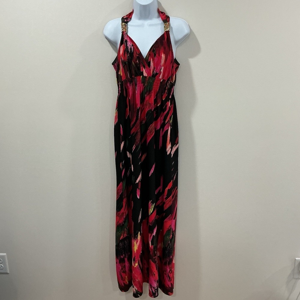 John Paul Richard Maxi Dress M Colorful Artsy Print Halter Beach Vacation Cruise